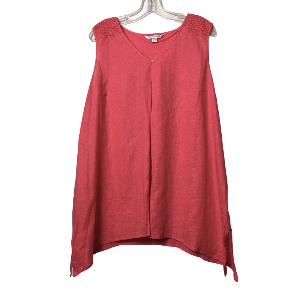 Counterparts Blouse Size L Pink Coral Crochet Linen Blend Sleeveless Slits Boho